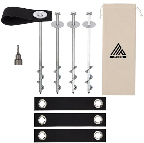 Trampoline Anchors High Wind Heavy Duty 12 Set of 4 with Straps, Drill Bit - Anchor Kit - Trampoline Stake Anchors High Wind - Ground Anchors - Wind Stakes - Ground Stakes