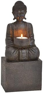 Großer Teelichthalter, Teelichtkerzenhalter 'Silent Buddha', sitzend wunderschön angestrahlt, Kunstharz in antik schwarzer Farbgebung, Maße 30 x 12 x 9 cm, Zen Garden Stil