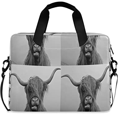 Drinan Highland Cow Bull with Horns Vintage Retro Old Style on Grey Laptop Messenger Bag Tablet Briefcase, Case Sleeve Suitable for 14 inches to 16 inches with Adjustable Shoulder Strap