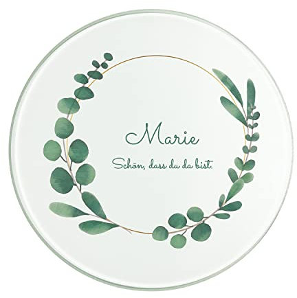 Geschenke 24 Untersetzer aus Glas | personalisiert | Wunschname | Wunschtext | Dekogeschenk | Blumenmotiv| eckig | rund (Rund, Eukalyptus-Rund)
