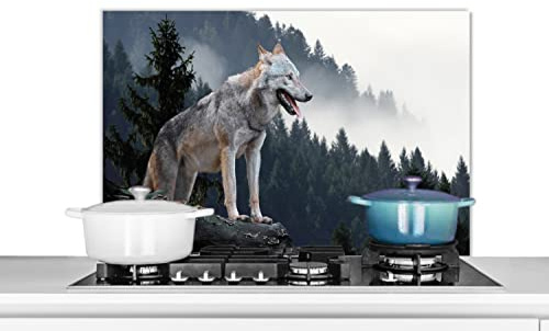 MuchoWow Spritzschutz Küche Küchenrückwand Alu Poster Bilder 90x60 cm Wolf - Tier - Wald