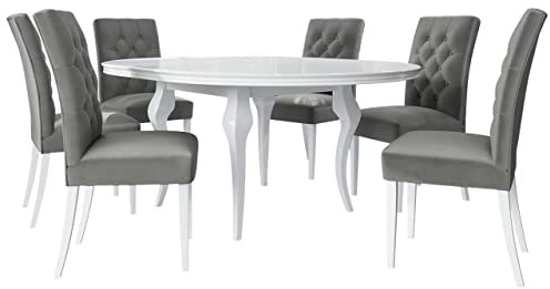 Mirjan24 Essgruppe SM06, Runder Ausziehbarer Esstisch und 6 Esszimmerstühle, Sitzgruppe, Tisch, Esszimmergruppe, Küchentisch, Farbauswahl (Magic Velvet 2217; weiß; weiß Hochglanz; 100 cm)