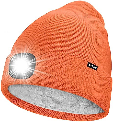 ATNKE LED Mütze mit Licht,Wiederaufladbare USB 4 LED Beleuchtete Laufmütze Extrem Heller Lampe Winter Warme Gefüttertes Fleece Stricken Mütze für Herren und Damen Geschenke/Bright Orange