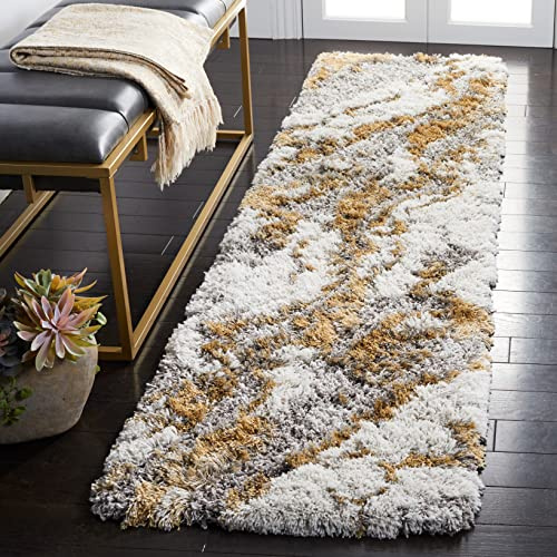 SAFAVIEH Horizon Shag Collection Runner Rug - 2' x 7', Grey & Gold, Modern Abstract Design, Non-Shedding & Easy Care, 2.6-inch Thick Ideal for High Traffic Areas in Living Room, Bedroom (HZN890D)