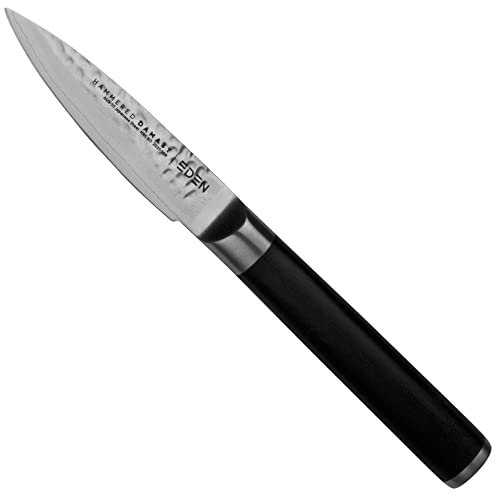 Eden Hammered Damast 2031-109, Couteau d'Office 9 cm, Manche en G10 Noir, Lame en Acier Damassé Martelé, 60 HRC, Acier Damassé AUS-10