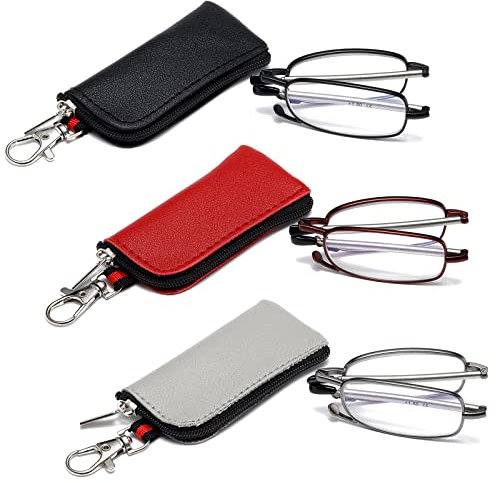OWTXIS 3er-Pack Faltbare Lesebrille für Herren Damen, Schlüsselanhänger kompakte Leser blaues Licht tragbare Taschenbrille (Schwarz+Rotguss+Rot, 1.25)
