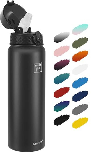 Fanhaw 1L Stainless Steel Insulated Sports Water Bottles with Straw for Kids, Men and Women(Black)