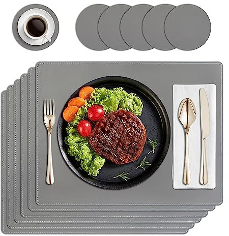HPMAISON Placemats and Coasters Set of 6, Heat-Resistant PU Leather Table Mats Washable Non-Slip Waterproof Kitchen Dining Place Mats Set of 6 for Home, Restaurant Hotel, Outdoor, Party
