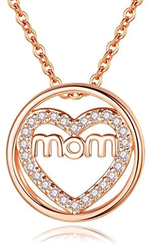 Mama Necklace Rose Gold, Diamond Pendant Necklace 18K Rose Gold Mom Round with Heart Diamond Engagement Gift