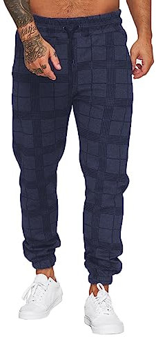 Pantalon de Jogging pour Homme, Coupe Ample, de Sport et d'Entraînement, Long à Carreaux, de Loisirs (Bleu Marine, XL)