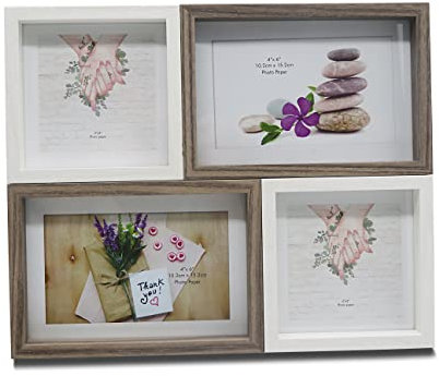 Smiling Art Bilderrahmen Fotorahmen Collage für 4 Fotos, Foto Collage aus MDF Holz mit Glas zum Aufstellen und Aufhängen