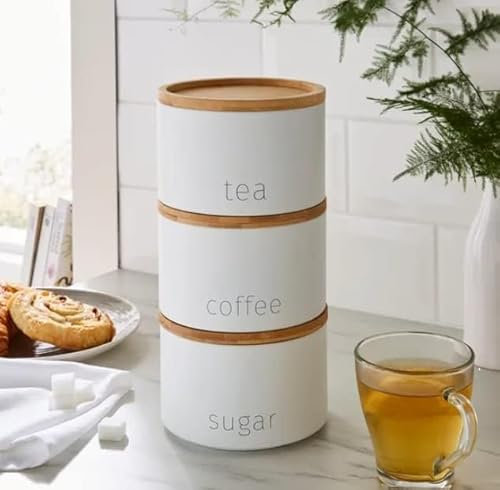 DEENZ Stackable Tea Coffee Sugar Storage Jars 3Pk Round Food Canisters Ceramic Great Storing Beans Matte Finish And Wooden Airtight Lids Storage Jars (White 142)
