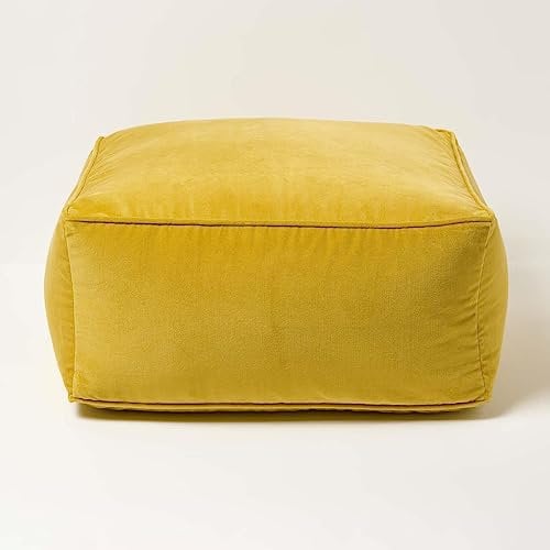Homescapes Sitzpouf Samt senfgelb 60x60x27 cm, Sitzsack quadratisch, Sitzquader Bodenkissen Baumwollsamt