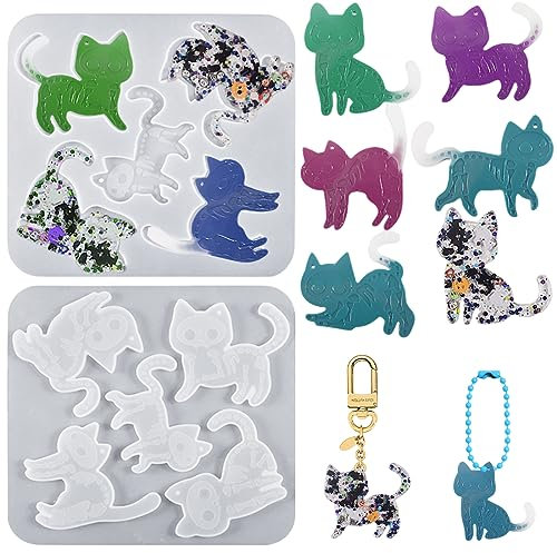 Voyyphixa 5 Pezzi Stampo in Resina Gatto Stampi Silicone per Resina Epossidica Animale Cat Resin Molds Stampi Resina Forma di Gatto per Fai da Te Portachiavi Gioielli