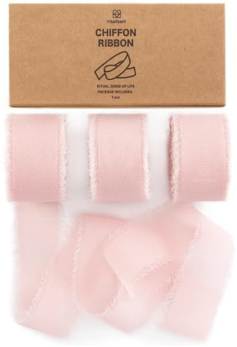 Vitalizart Rosa Schleifenband 2,5 cm x 19,2 m, Geschenkband Chiffonband Fransenstoffband, Bänder-Set für Hochzeitseinladung, Brautstrauß, Dekoration, Geschenkverpackung, Schleifenherstellung