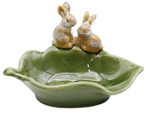 LIDSCURA Porte-savon décoratif en céramique motif lapin, porte-éponge, bol à clés et plateau à bijoux, vert – Organiseur de salle de bain, cuisine, comptoir (lot de 1)
