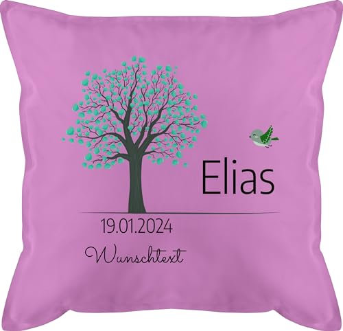 Kissen 50x50 - Lebensbaum Geburt Taufe Kommunion Datum Geschenk - 50 x 50 cm - Pink - personalisierte taufgeschenke mädchen konfirmation Junge Baum personalisiertes Jungen taufgeschenk zur
