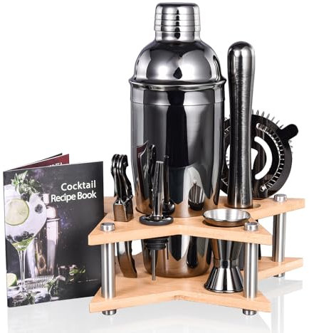 Quilamix 11-Piece Cocktail Shaker Set, 750 ml Stainless Steel Bartender Set with Bamboo Stand for Mixed Drinks, Gift for Friends, Men, Women, with Recipe Book (Grey)