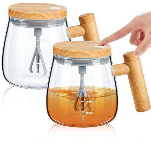Maxcheck 2 Pcs Self Mixing Glass Coffee Mug with Lid Handle Automatic Electric Cup Rotating Blender Mug for Stir Mixed Drink Milk Protein Office Home, Battery Operated, 400ml (Clear)
