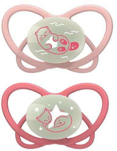 nip - Butterfly Night | 16-32 Monate | 2er Pack | Stillfreundlicher, zahnfreundlicher Babyschnuller mit Leuchtknopf inkl. Schnullerbox. Nachhaltiger Schnuller mit weichem Silikonsauger, Rosa/Rot