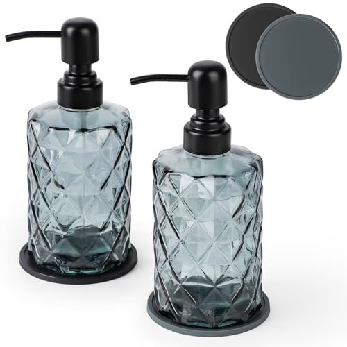 GIOVARA Glass Soap Dispenser Set - 2 * 330ml Black With Stainless Steel Pump for Liquid Soap, 2 Coasters - Kitchen Hand Soap Dispenser