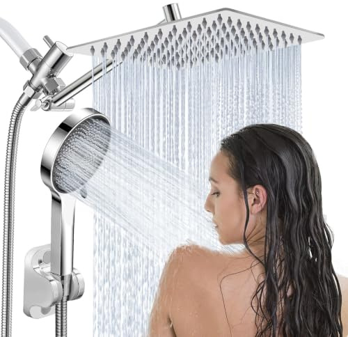 Shower Head, 10 Rain Shower Head with Hand Spray Combination and Adjustable Extension Arm/3 Way Flow Controller/Shower System, High Pressure Rain Shower Hose, Chrome