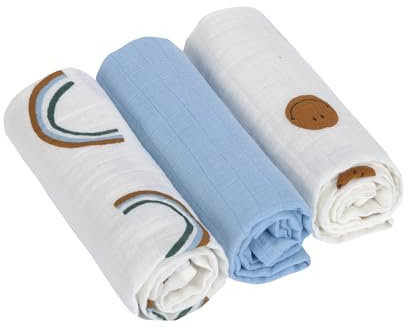 LÄSSIG Baby Puckdecke Spuckdecke Pucktuch Mulltuch 3er Set Baumwolle 60 x 60 cm/Swaddle & Burp Blanket M Happy Rascals blue