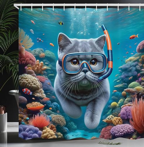 ABAKUHAUS Nautisch Duschvorhang, Lustiges surreales Bild Einer grauen Katze die im tiefen Ozean farbenfrohes Riff taucht, Stoffliches Gewebe mit Haken, 175 x 200 cm, Türkis, Mehrfarbig
