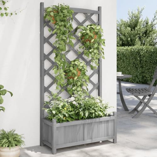 Jardinière avec Treillis, Bac à Fleurs pour Plante Grimpante Lit de Jardin Surélevé Jardinière avec Treillis Gris Bois Massif de Sapin