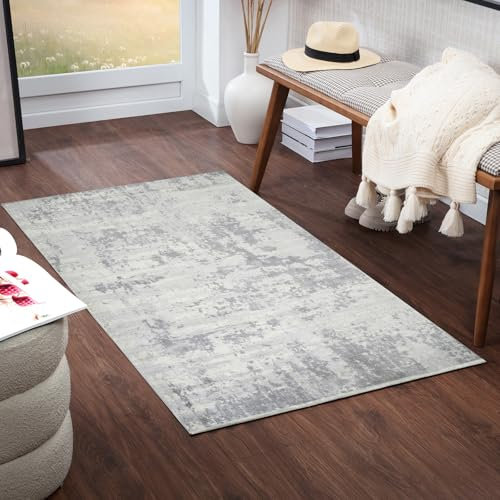 Livabliss Phuket Wohnzimmer modern – Abstrakt Design in Marmor Optik für Wohnzimmer, Esszimmer, Schlafzimmer - Marmor groß, weicher Kurzflor 80x150cm in Grau, Silber und Elfenbein