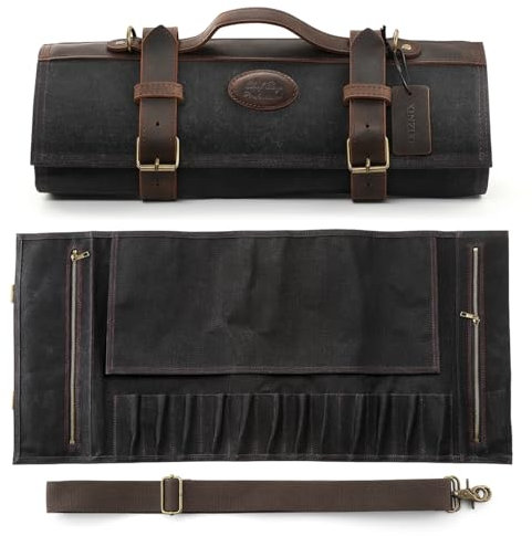 XINZUO Couteau de Chef Roll Sac Noir,12 Emplacements,Toile Cirée Imperméable 16oz et Cuir,Rouleau de Couteaux de Voyage pour Chef, Sac de Rangement Portable pour Couteaux de Cuisine (Sac Seulement)