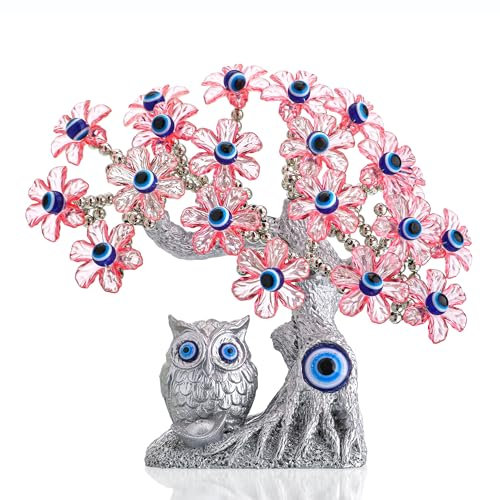 HDCRYSTALGIFTS Künstlicher Baum, türkischer blauer böser Blick, Feng Shui, Eule, dekoratives Schaustück für Schutz, Glück und Wohlstand, 19 cm (rosa Blumen)