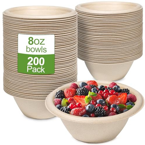 GREENESAGE 200 Pack Paper Disposable Bowls 8oz Eco-Friendly, Sugarcane Strong Brown Small Bowls Snack Round Soup for Hot Food Dessert
