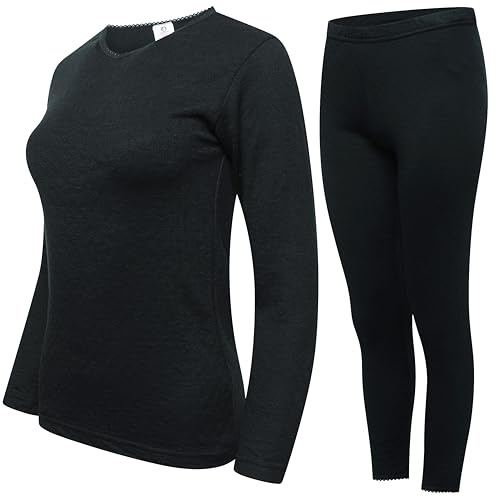DOLCE ENVY Pack of 1 Womens Thermal Underwear Set Ultra Soft Crew Neck Long Sleeved Base Layer Tops & Bottoms (BLACK, L)