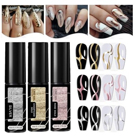 Vernis Gels Semi Permanents,Vernis Gel U-V Semi Permanent,MELLTONG Gel de Peinture Métallique pour Nail Art,Pour La Peinture Au Trait French Manucure Nail Art Salon, Longue Durée, Or+Or rose+Argent