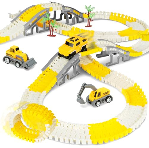 HOTUT Autorennbahn für Kinder, 205 Stück Flexible Rennbahn Spielzeug, Spielzeugautos Autobahn mit Bagger, Walze, Elektroauto und EIN Flexibles DIY-Autorennbahn Spielset ab 3 4 5 6 Jahre Junge Mädchen