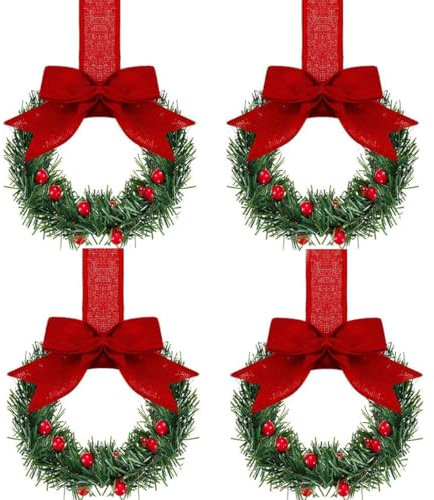 Fnaobai Ghirlanda natalizia da cucina con nastro, 13 cm, 4 pezzi, mini ghirlande natalizie artificiali con foglie verdi, decorazione per finestre, pareti, porte d'ingresso (rosso)