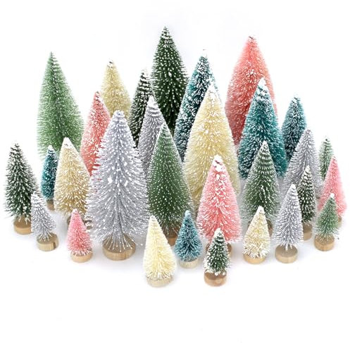 30 PCS Mini Bottle Brush Christmas Trees with Wood Base, Small Pine Tree Sisal Trees for Christmas Table Top Decor Winter Crafts Ornaments