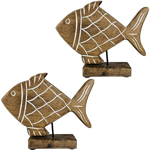 My-goodbuy24 Dekofiguren 2er Set aus Mango-Holz - Maritime Bad Deko Meerestiere - Schöne Badezimmer Accessoires - Dekoration für Regal, Sideboard, Fensterbank - Fisch