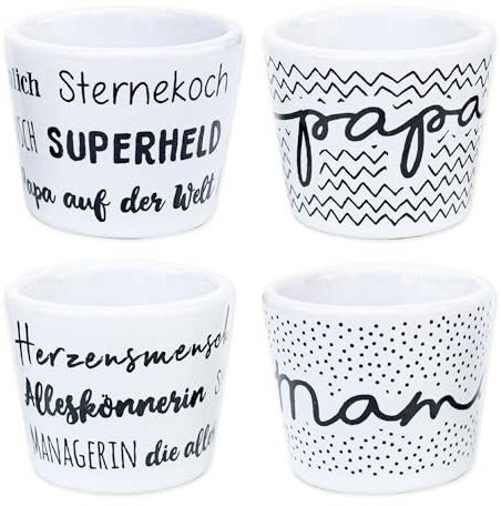 Papierdrachen - 4er Set Eierbecher Porzellan - Mama & Papa - Geschenk für Eltern - mit Motiv innen - Frühstücks-Set - Weiß Schwarz