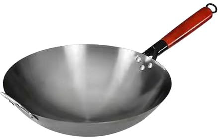 perfk Wok Pan Wok Chino con Mango de Madera Cocina de Inducción Manual de Cocción Sartén de Hierro Forjado Sin Recubrimiento Sartén para Saltear Wok, 38cm