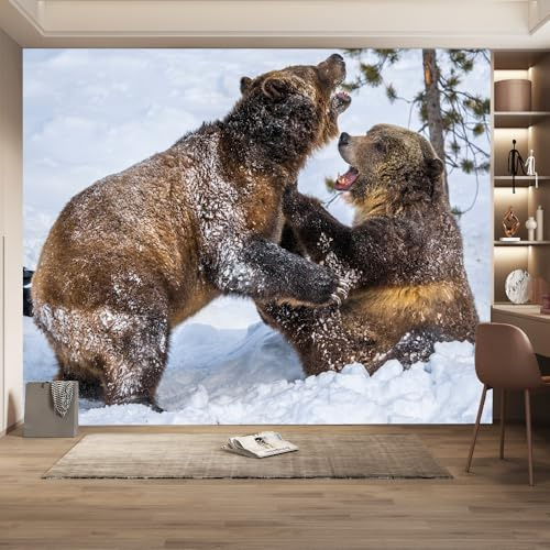 Removable Wall Mural Brown Bear Self-Adhesive Large Wallpaper Snow Winter Nature for Walls Living Room Bedroom TV Background Kids Girls Rooms Decoration 826x589cm