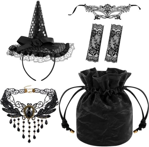 Zomiboo 5er Set Hexenkostüm Accessoire Hexenhut Haarreif mit Schleier Schwarz Stoff Beutel Samtbeutel Spitze Maske Halskette Gotisch Choker Fingerlose Handschuhe für Wahrsager Karneval Halloween