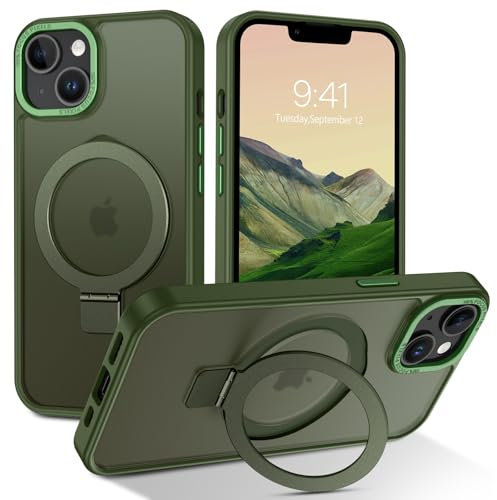 DOMAVER Case for iPhone 13 Mini, Magnetic [Compatible with mag-safe] Stand Holder Shockproof Matte Cover Anti-Yellowing Cover Hard Slim Frosted Matte Phone Cases for iPhone 13 Mini 5.4, Green