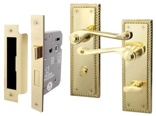EAI Polished Brass Georgian Scroll Bathroom Door Handle Set - 1 Pair of Internal Lever Handles & Lock (64mm) - Rope Design