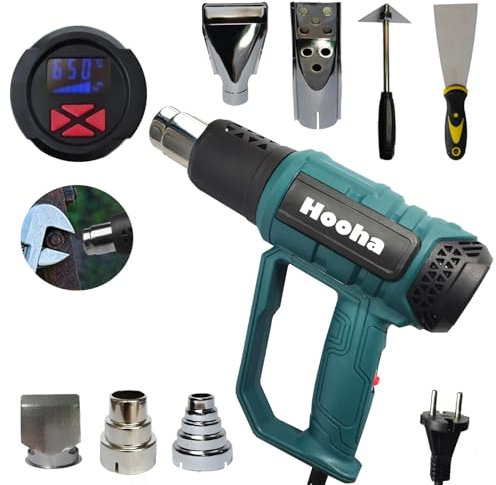 Hooha 2000W Heißluftpistolen 2 Temperatureinstellungen (60℃/60-650℃) Temperaturspeicher 250-500 l/Min LCD-Digitalanzeige 6 Luftstromeinstellung 7 Zubehör Heißluftfön Kit für Auftauen/Löten/Heizung