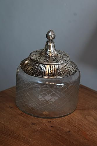 EXNER Vintage Glas-Bonboniere mit Silberfarbigem Metalldeckel, Diamantmuster, 12,5 cm