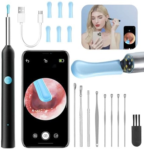 Ear Wax Removal Kit 1920P Wireless HD Ear Cleaner with Camera Visual Ear Wax Remover Tool with 6 Silicon Ear Spoon 6 LED Lights Portable Endoscope for iPhone iPad Android Adults Kids Pets(Black)