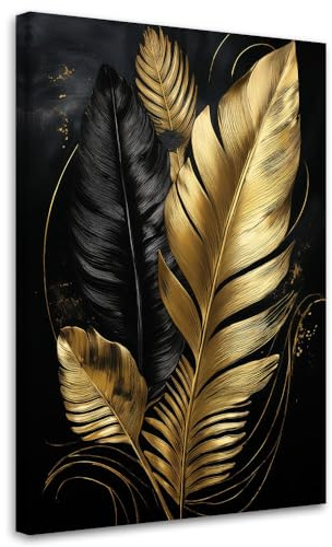Feeby Leinwand Bilder - Bild Wohnzimmer - Palmblätter Schwarz und Gold Loft - 60x90 1tlg - Deko Schlafzimmer Groß - Dekoration Canvas - Gemälde - Modern Wandbilder - Kunstdruck