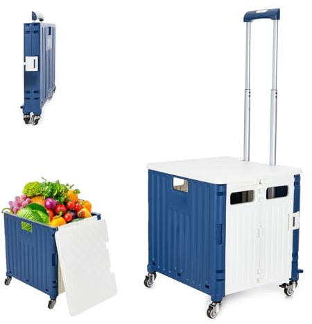 Einkaufstrolley Klappbar mit Deckel, 65L, bis 40KG, Teleskopgriff, Weiß | 360 Grad Drehbaren Rollen, Hinterradbremsen, Verstellbarer Teleskop-Zugstange, Faltbarem Design